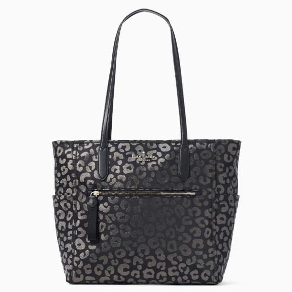 ♠️Kate Spade Chelsea Leopard Graphic Jacquard Nylon Large Tote, Black Multi NWT - Picture 1 of 8